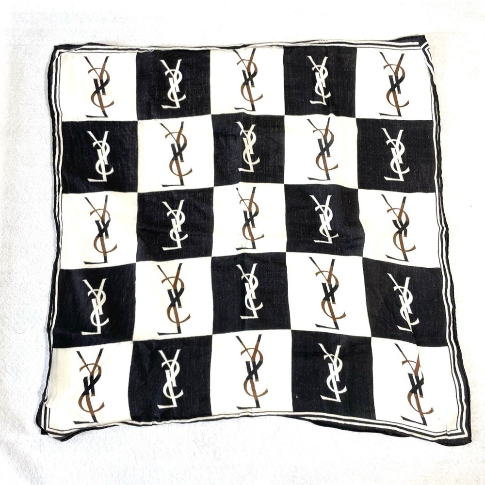 Yves Saint Laurent YSL Vintage Monogram Checkerboard Square Scarf Black White